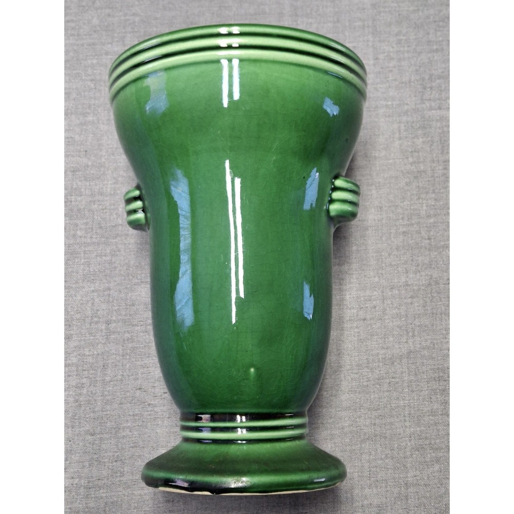 Vintage McCoy Pottery Green Ribbed Vase Tab Handles USA Art Pottery Mid Century - Picture 3 of 11